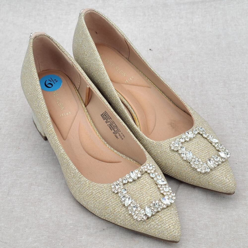 Anne Klein Gold Pointed Toe Jeweled Low Heel Pumps